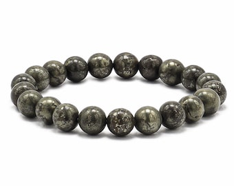 May include: A bracelet made of round, dark green pyrite beads.