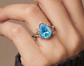 Beautiful Swiss Blue Topaz Gemstone Ring, 925 Sterling Silver Handmade Ring, December Birthstone, Oxidized Boho Jewelry, Gifts For Women's