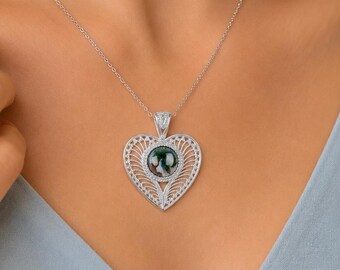 Moss Agate Gemstone Heart Pendant, Handmade 925 Sterling Silver Necklace, Filigree Pendant, Dainty Boho Jewelry, Wedding Gifts For Sister