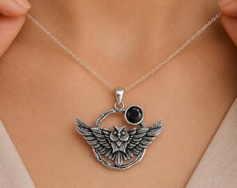 Collar con colgante de búho de ónix negro, colgante hecho a mano en plata de ley 925, joyería oxidada, colgante de piedra preciosa natural, regalo de compromiso para ella.