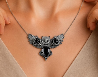 Collar con colgante de búho de ónix negro natural, joyería bohemia delicada oxidada hecha a mano en plata de ley 925, regalo de piedra natal para mujer.