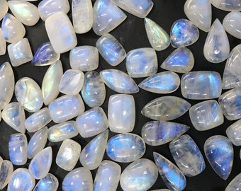 Natural Rainbow Moonstone Cabochon Lot – 50-500Ct Blue Flash Loose Gemstones for Jewelry Making | Wholesale Healing Crystals & Chakra Stones