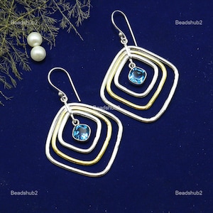 Swiss Blue Topaz Earrings For Women, Square Cut Earrings Jewelry, Square Stone Earrings, 925 Sterling Silver Earrings, Dangle Earrings