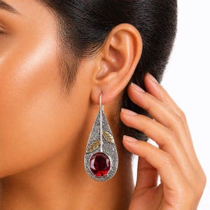 Rosa Rubellit Edelstein baumeln Ohrringe, 925 Sterling Silber oxidiert handgemachte Schmuck 2 "Birthstone Geschenk