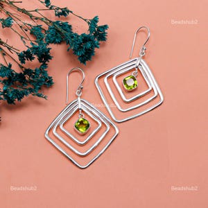 Peridot Silver Earrings, Square Stone Earrings, 925 Solid Sterling Silver Earrings Jewelry, Drop Dangle Earrings, August Birthstone
