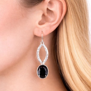 Brincos pendentes com pedra preciosa ônix preta natural, joia delicada feita à mão em prata de lei 925 para esposa.