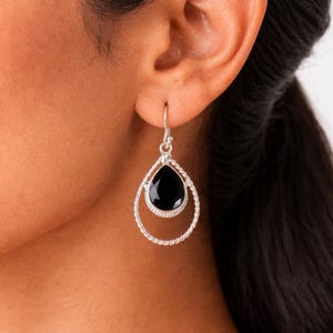 Brincos pendentes com pedra preciosa ônix preta natural, joias artesanais em prata de lei 925 com cristais, presente de noivado.