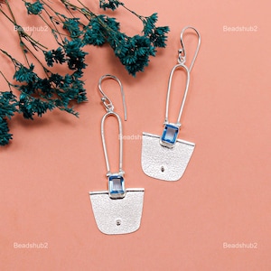 Swiss Blue Topaz Silver Earrings, Square Gemstone Earrings, 925 Sterling Silver Earrings, Square Cut Earrings Jewelry, Drop Dangle Earrings