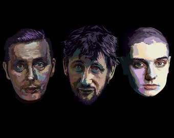 Könnte beinhalten: Drei Porträts von Personen mit unterschiedlichen Frisuren und Gesichtsausdrücken. Die Porträts sind in einem farbenfrohen, stilisierten digitalen Kunststil gehalten.