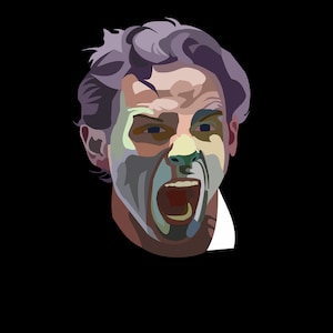 May include: A digital illustration of a man's face with purple hair, a white shirt, and an open mouth, as if he is yelling.
