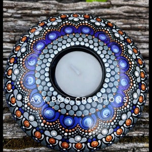 Handpainted Mandala Tealight Holder - Blues, Copper, Pewter