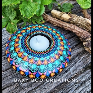 Handpainted Mandala Tealight Holder – Metallic Pink, Blues and Oranges