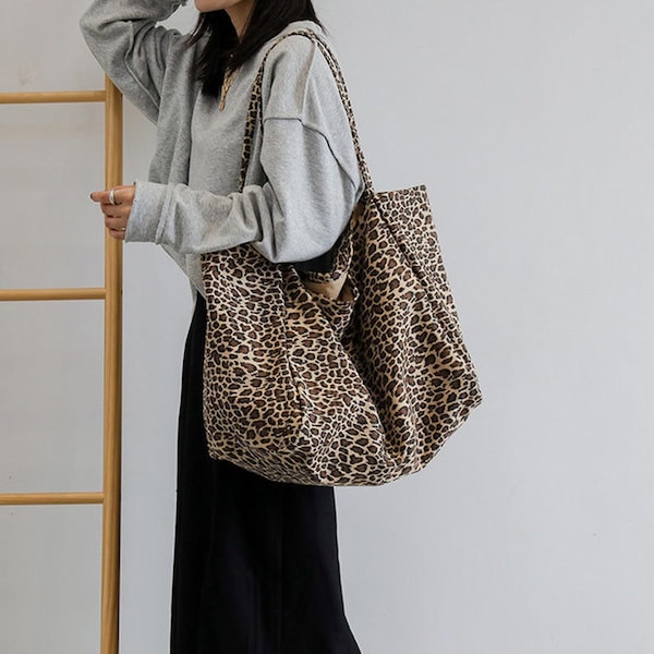 Large Capacity Reusable Bag, Leopard print Shoulder Strap Bag, Eco Tote Bag, Oversized Canvas Bag, Everyday Huge Bag, Casual Daily Handbag