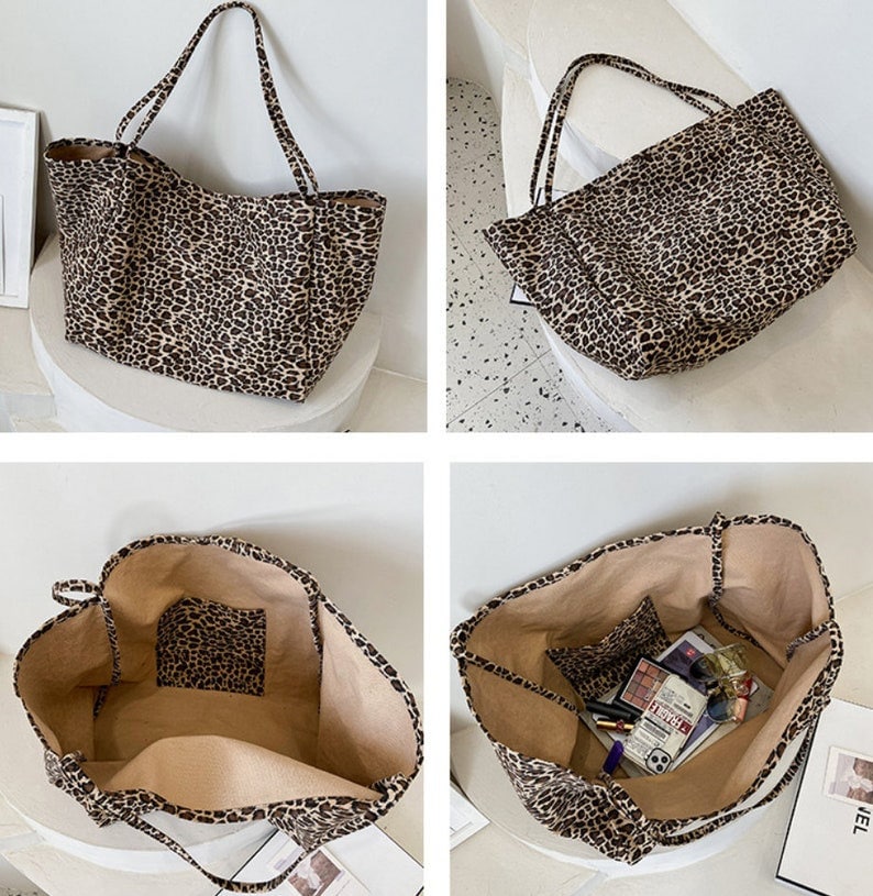 Große Wiederverwendbare Tasche, Leopard print Schultergurttasche, Eco Tragetasche, Oversized Canvas Tasche, Alltägliche Große Tasche, Casual Daily Handtasche Bild 6