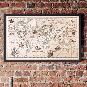 Carte du monde vintage en bois / Continents et océans / Gravure décoration murale