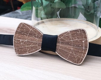 COSMOS Wooden Bow Tie / Okoumé Wood Engraving / 15 Fabric Patterns / Customizable Accessory / Wedding Costume / Astronomy