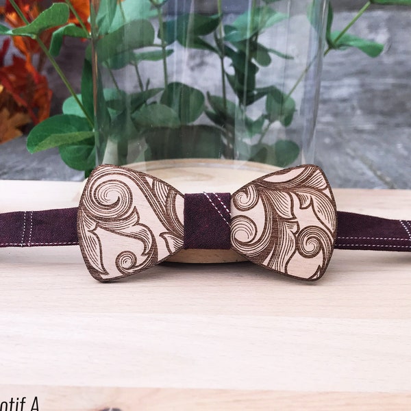 Noeud Papillon LEAF en bois  / Gravure sur bois de okoumé / 15 motifs de tissu / Accessoire personnalisable / Costume mariage / Fleur
