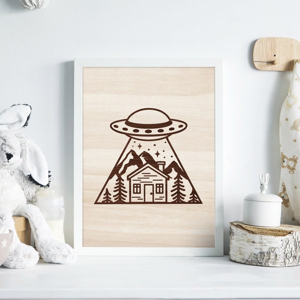 Tableaux en bois OVNI / Gravure sur bois de hêtre ou okoumé / Décoration chambre bébé et enfant / UFO