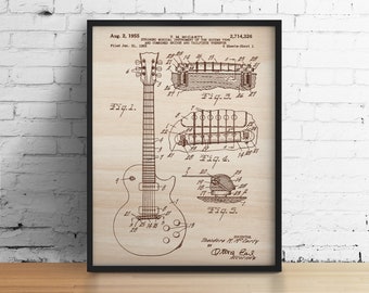 Brevet guitare Gibson / Gravure sur bois / Tableau gravé en bois / Décoration personnalisée