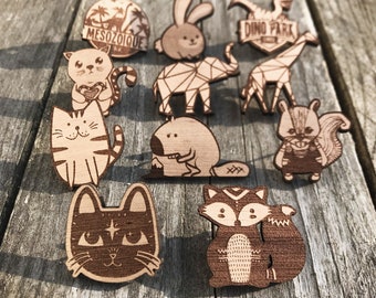 Holzabzeichen mit Tiermotiv / Pin&#39;s Animals / Katze, Fuchs, Bär, Elefant, Giraffe, Biber