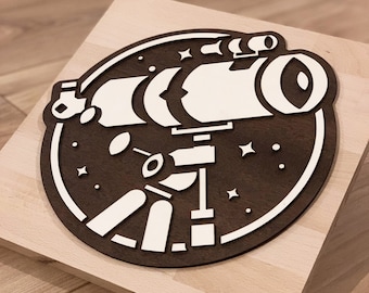 Logo Télescope en bois / Tableau 3D en bois de peuplier / Astronomie & Espace / Cosmos / Etoiles