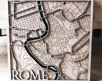 Carte de Rome 3D en bois / 29 x 29 cm / Rivière Epoxy / Gravure et découpe sur bois de okoumé / City & Capital / Londres