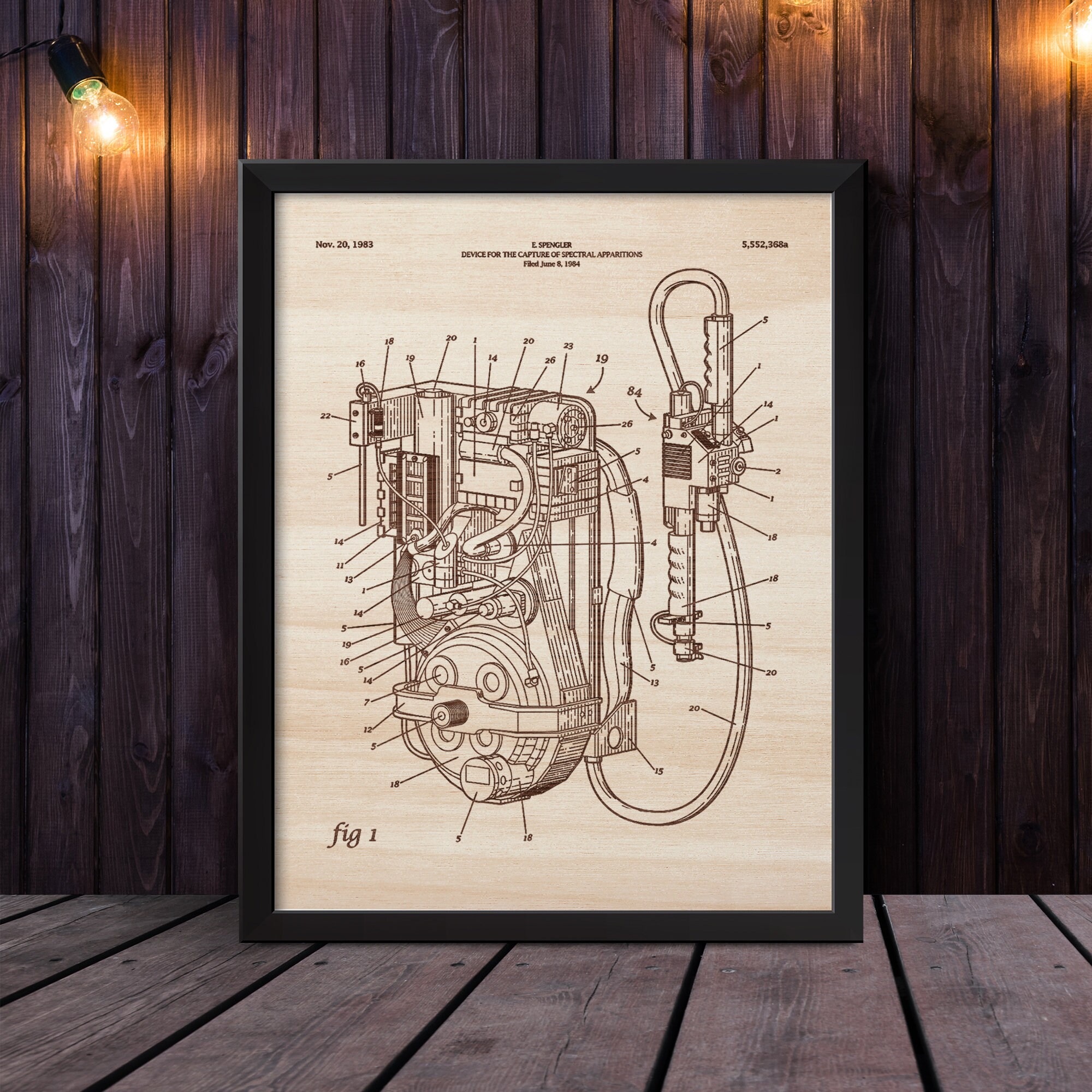 Brevet Proton Pack/Gravure sur Bois Tableau Gravé en Décoration Personnalisée