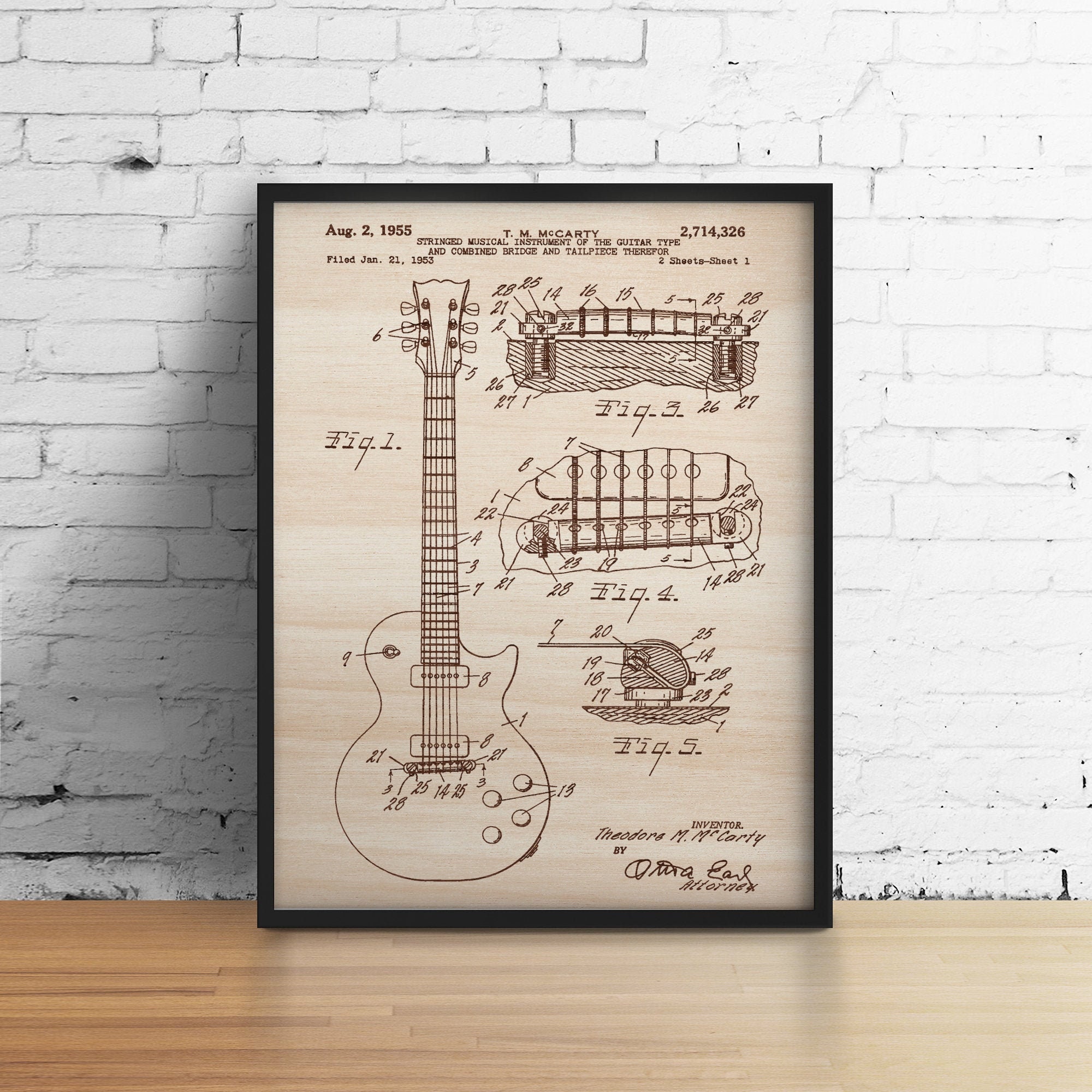 Brevet Guitare Gibson/Gravure sur Bois Tableau Gravé en Décoration Personnalisée