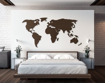 Carte du monde en bois / Modèle A / Décoration murale / Salon / Bureau / Chambre enfant / Mappemonde en bois