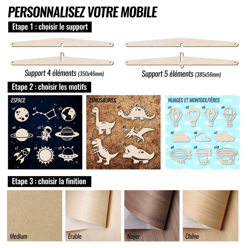 Mobile en bois personnalisable / Nuages et Montgolfières / Zeppelin / Soleil / Chambre enfant & bébé image 3