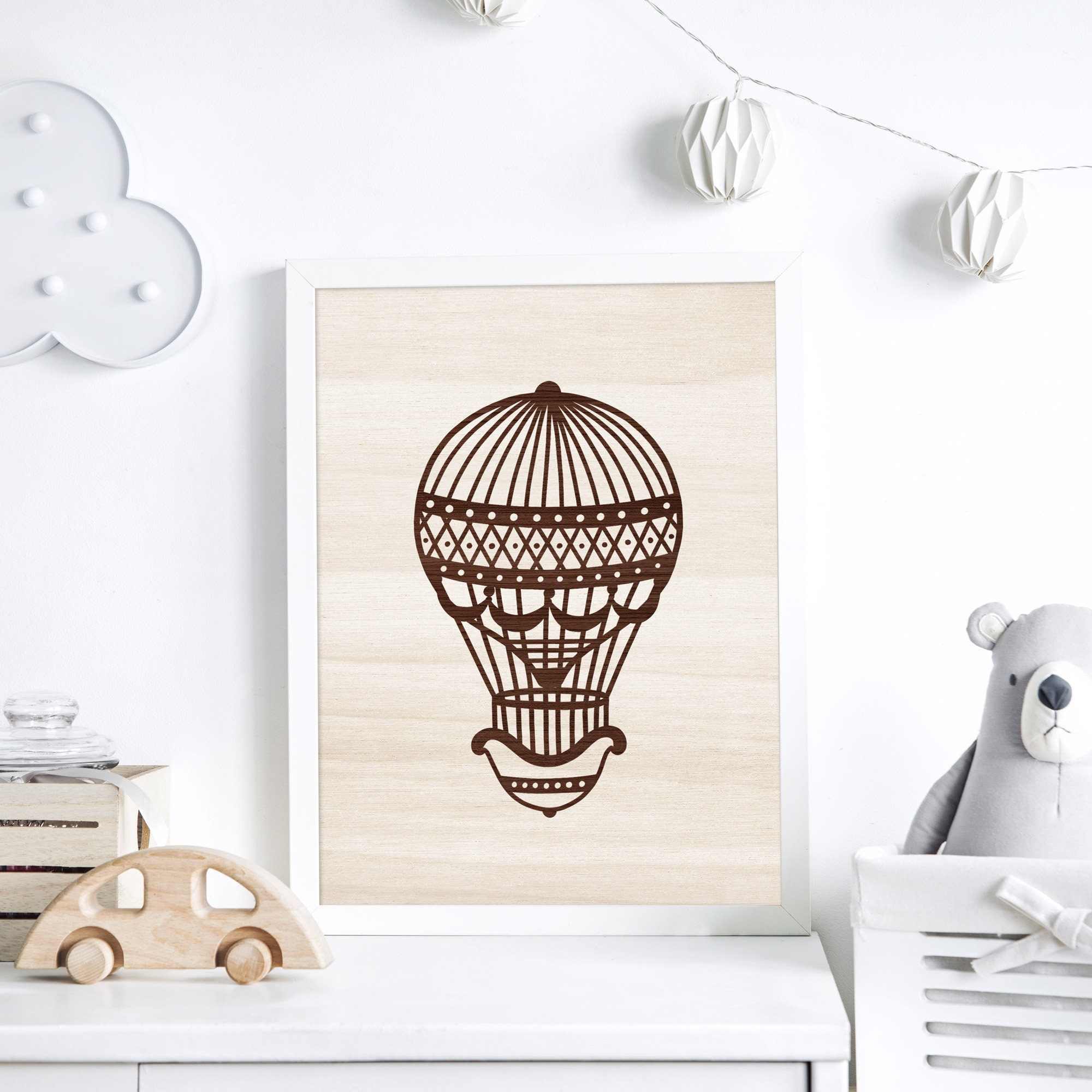 Tableaux en Bois Montgolfière/Gravure sur Décoration Chambre Bébé et Enfant Nuage Ballon