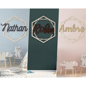 First name and triple wooden hexagon / Customizable wall decoration