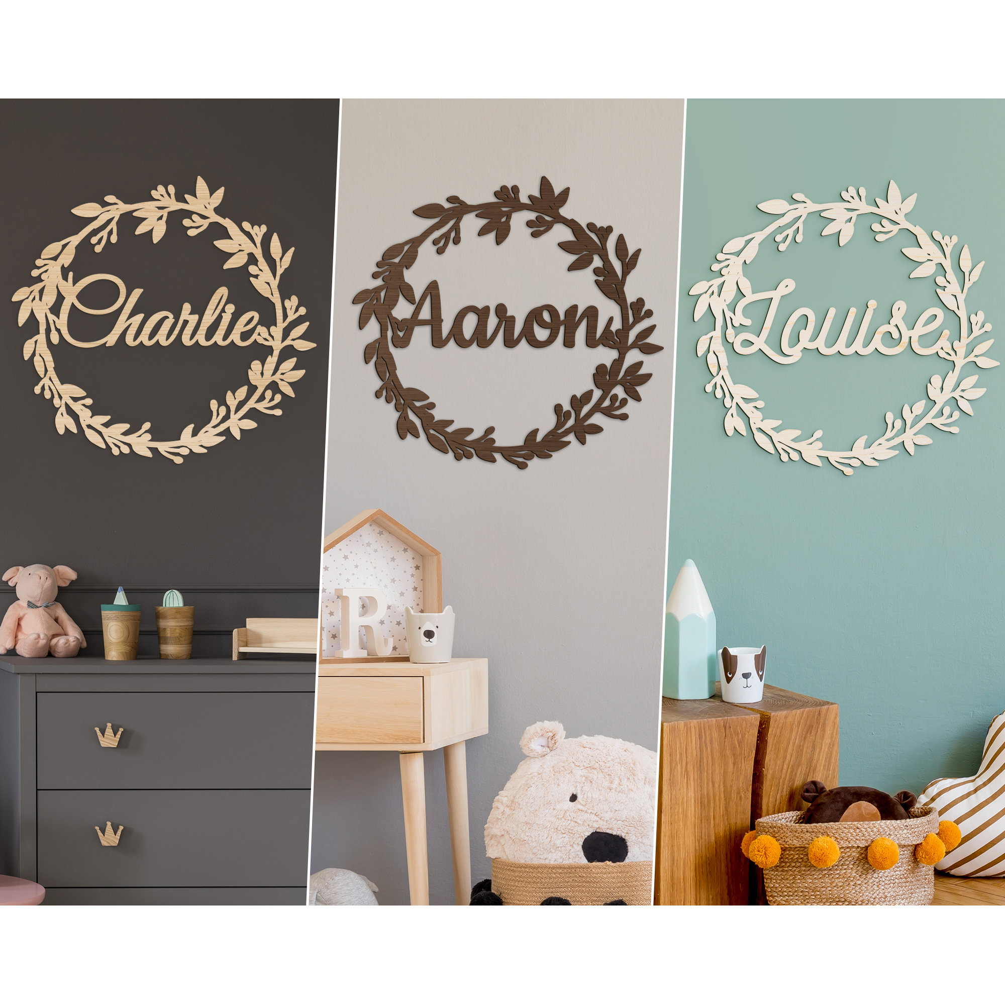 Couronne en Bois A/Décoration Personnalisée Couronne Florale avec Prénom