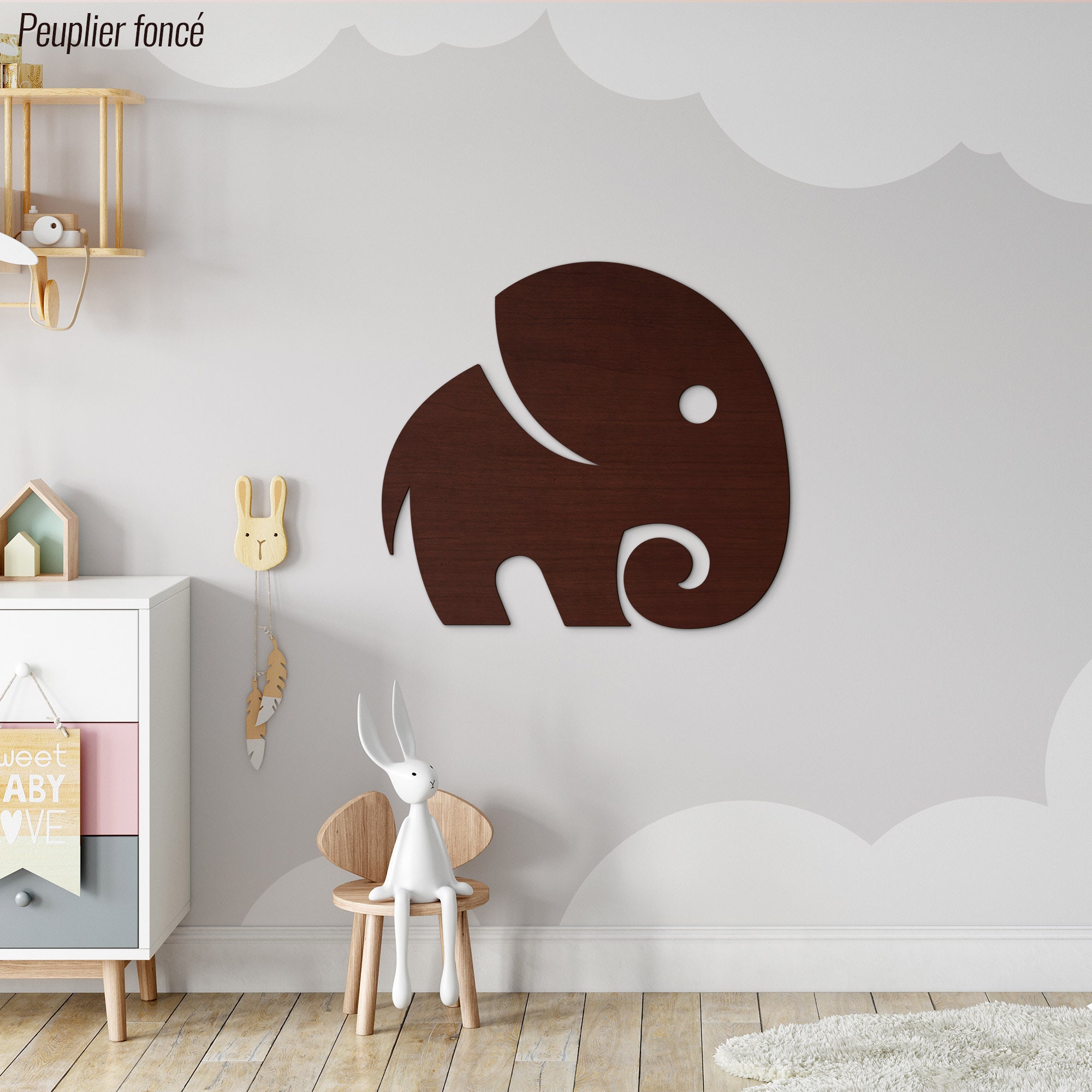 Eléphant en Bois D/Décoration Murale Chambre Enfant et Bébé Bois de Peuplier