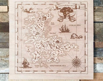 May include: A brown wooden treasure map with a pirate skull and crossbones in the center. The map is labeled "TREASURE MAP" and shows a variety of islands and landmarks, including "Coral Sea" and "Southern Sea".