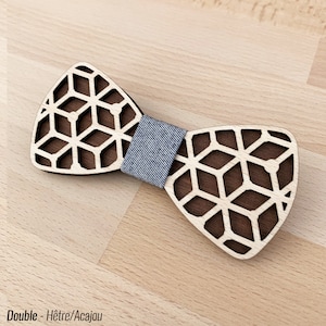 Cube wooden bow tie / 15 fabric patterns / 7 wood finishes