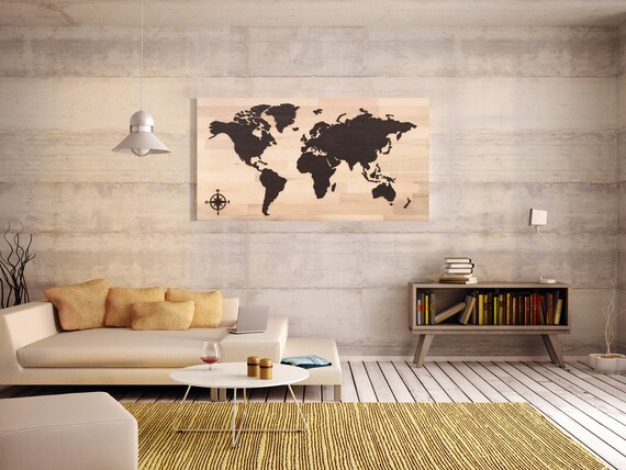 Carte Du Monde En Bois Tableau Mappemonde 95x50cm Continents Et Océans Décoration Murale