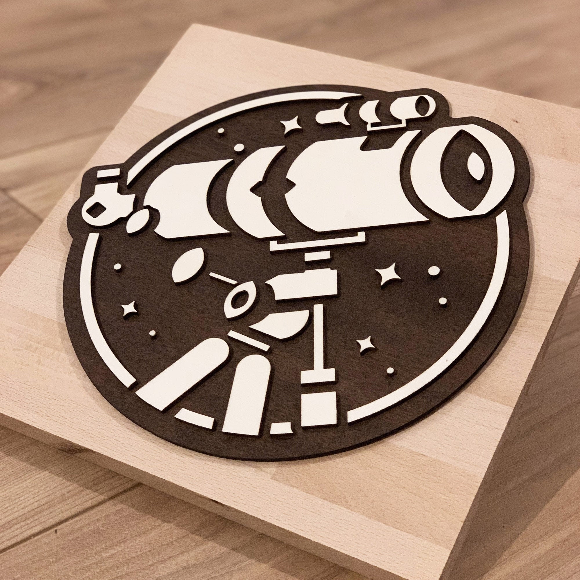 Logo Télescope en Bois/Tableau 3D de Peuplier Astronomie & Espace Cosmos Etoiles