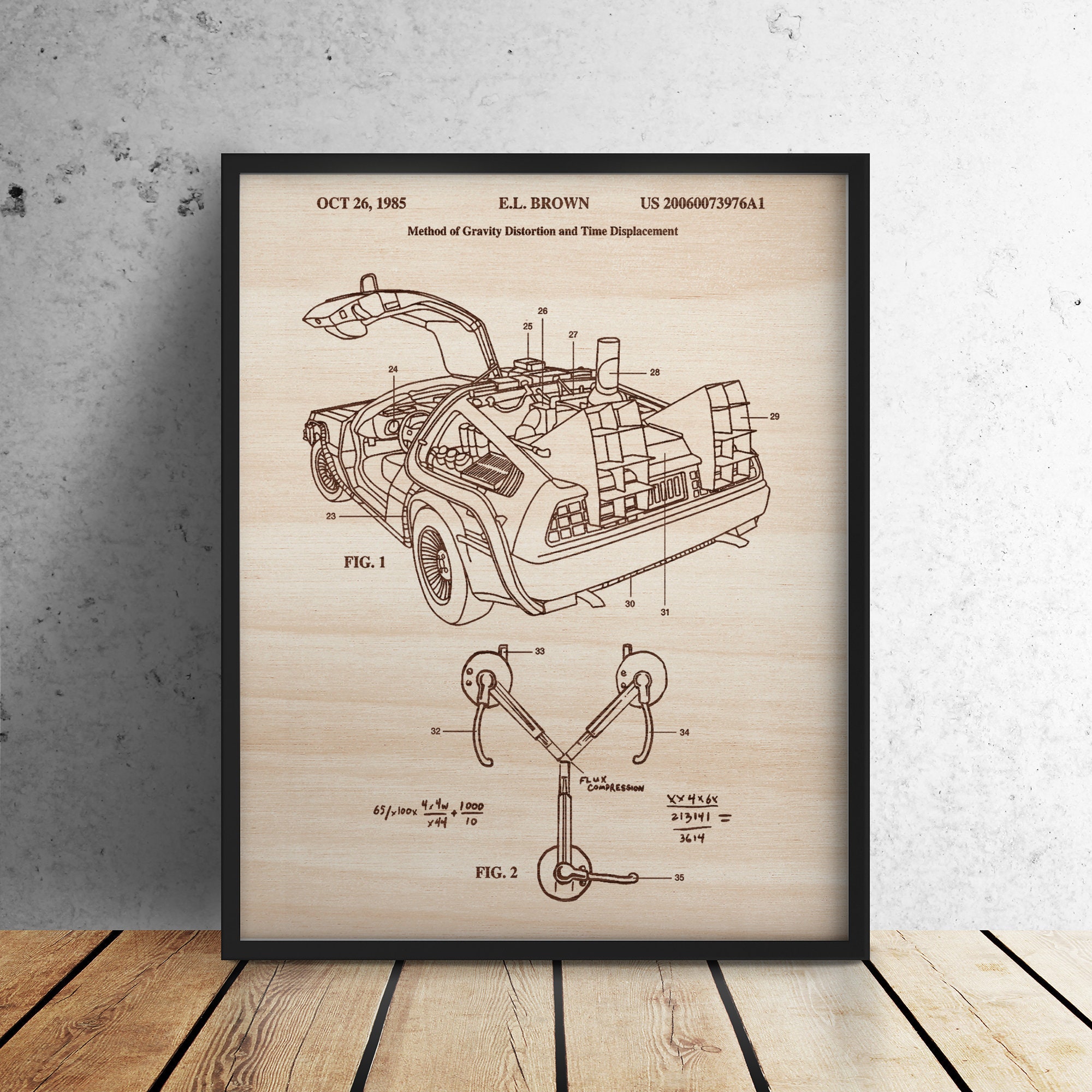 Brevet Delorean Convecteur Temporel/Gravure sur Bois Tableau Gravé en Décoration Personnalisée