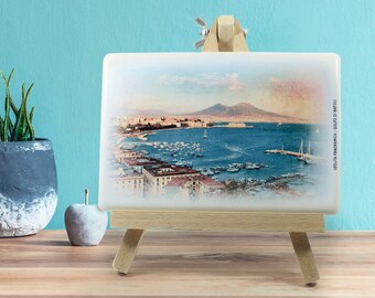 Vesuvius and the Gulf of Naples Ceramic plaque, Travel Souvenir Gifts, Vintage illustration of Naples, Italy, FREE Rustic Wood Easel