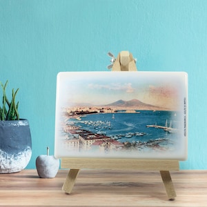Vesuvius and the Gulf of Naples Ceramic plaque, Travel Souvenir Gifts, Vintage illustration of Naples, Italy, FREE Rustic Wood Easel