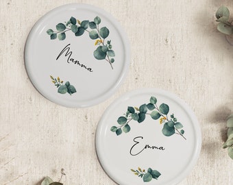 Sottobicchieri in Ceramica Personalizzati con foglie di Eucalipto, Decoro Botanico per la Tavola, Ideali come Regalo da Personalizzare