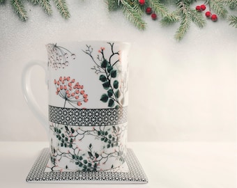 Taza de cerámica taza con decoración botánica floral con sub-taza descansa taza a juego - Ancho 11 oz. ¡Personalizable!