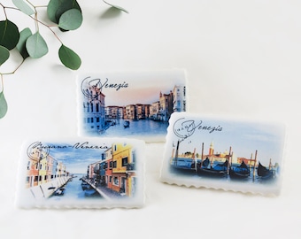 Venice Santa Lucia, Burano Fridge Magnets, Postage Stamp Ceramic Set, Venice Magnet Souvenir Gift Handmade, Romantic Travel Souvenirs