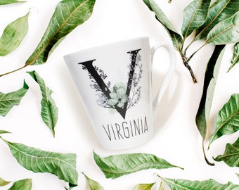 Taza grande personalizada con monograma y nombre, tazas de té de hierbas, taza de cerámica floral para capuchino, café con leche y té.
