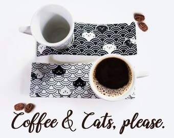 Coffee Cup Set with Saucer, Ceramic Mocha Coffee Cup Set, Italian Espresso Cup, Coffee and Cats Lover Gifts, Cups For Cat Mom