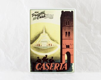 Souvenirmagneter från det kungliga palatset i Caserta, fin kylskåpsmagnet i porslin, vintageillustration av det kungliga palatset i Caserta