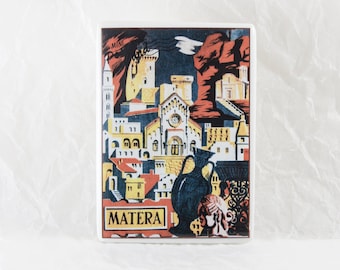 Aimant de Matera, Italie. Aimant souvenir vintage Illustration de la ville de Sassi, Aimant en porcelaine personnalisé
