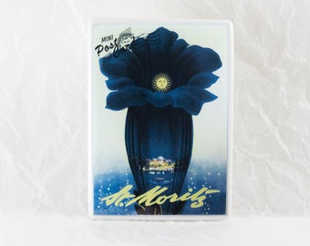 St. Moritz Ceramic Tile Magnet, Original Vintage Souvenir Gift to Sankt Moritz Switzerland, Flower Blue Refrigerator Magnets