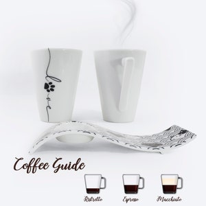 Puede incluir: Dos tazas de caf&eacute; de cer&aacute;mica blanca con dise&ntilde;os de huellas de patas negras y la palabra "Love" en una taza. Las tazas est&aacute;n sobre un platillo de cer&aacute;mica blanca con un patr&oacute;n blanco y negro. La imagen tambi&eacute;n incluye una gu&iacute;a de caf&eacute; con ilustraciones de diferentes bebidas de caf&eacute;: Ristretto, Espresso y Macchiato.